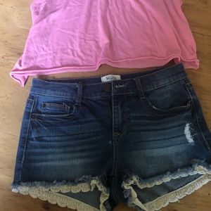 Lace edged denim shorts